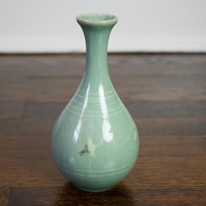 Vintage Korean Celadon Porcelain Signed Bud Vase with Cranes 6.5"