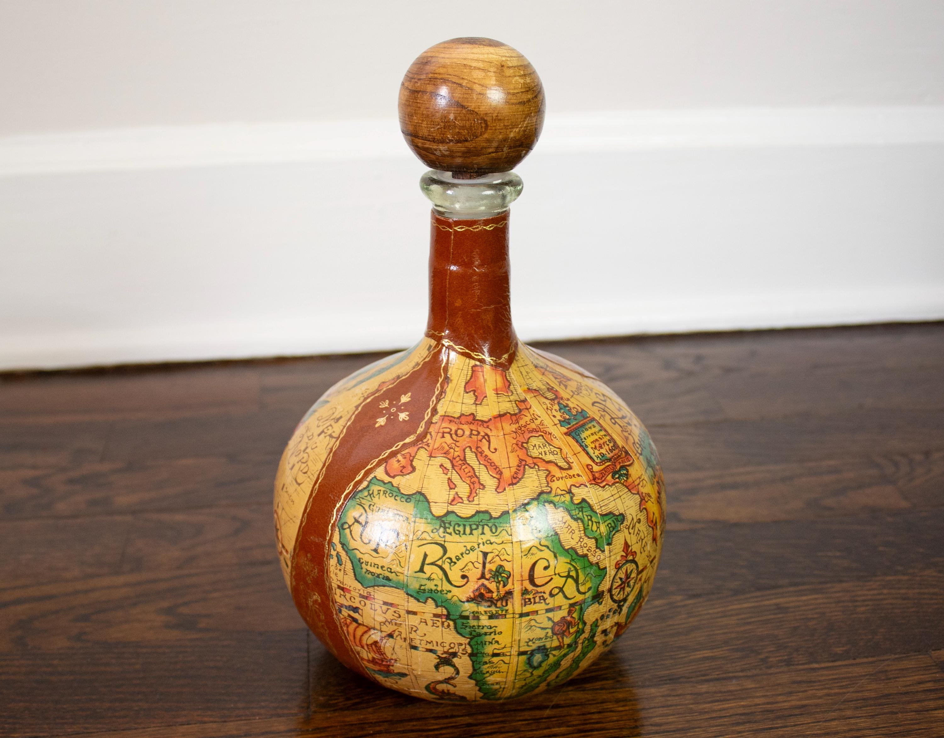 Vintage Fausto Corduri Leather Wrapped Old World Map Decanter Made