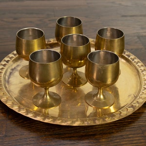 Vintage Set of 6 Brass Cordial Goblet Cups with Tray