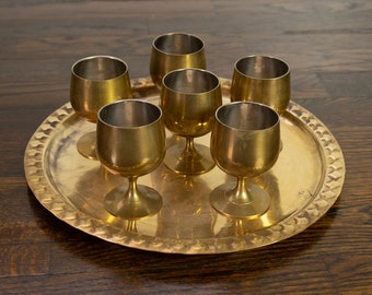 Vintage Set of 6 Brass Cordial Goblet Cups with Tray