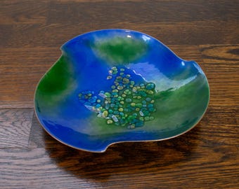 Vintage MCM Bovano Blue & Green Enamel Copper Trinket Dish