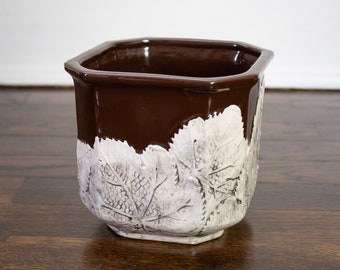 Vintage Italian Ceramic Brown Planter with Raised Leaf Pattern