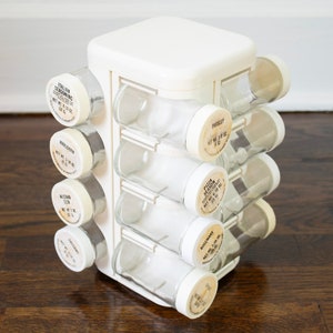 1986 Kamenstein White Plastic Revolving Spice Rack with 16 Glass Spice Jars