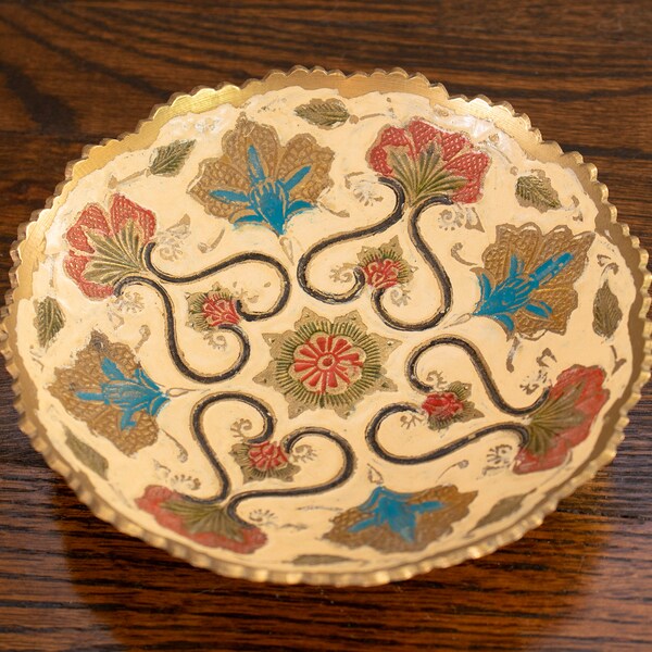 Vintage Brass Enamel Floral Mandala Pedestal Bowl/Dish