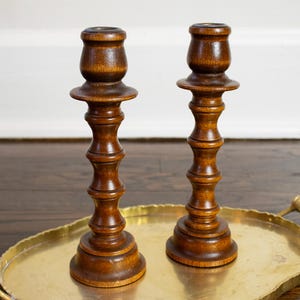 Vintage Pair of Turned Wooden Candlestick Holders