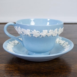 Vintage Wedgewood Queensware White on Blue Demitasse Cup & Saucer