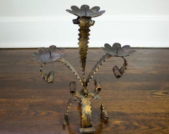 Vintage Iron Metal Tramp Art-Style Brutalist 3-Arm Candelabra