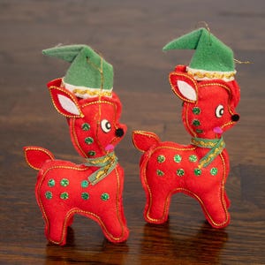 Vintage Pair of Kitschy Red Felt Deer Reindeer Christmas Ornaments