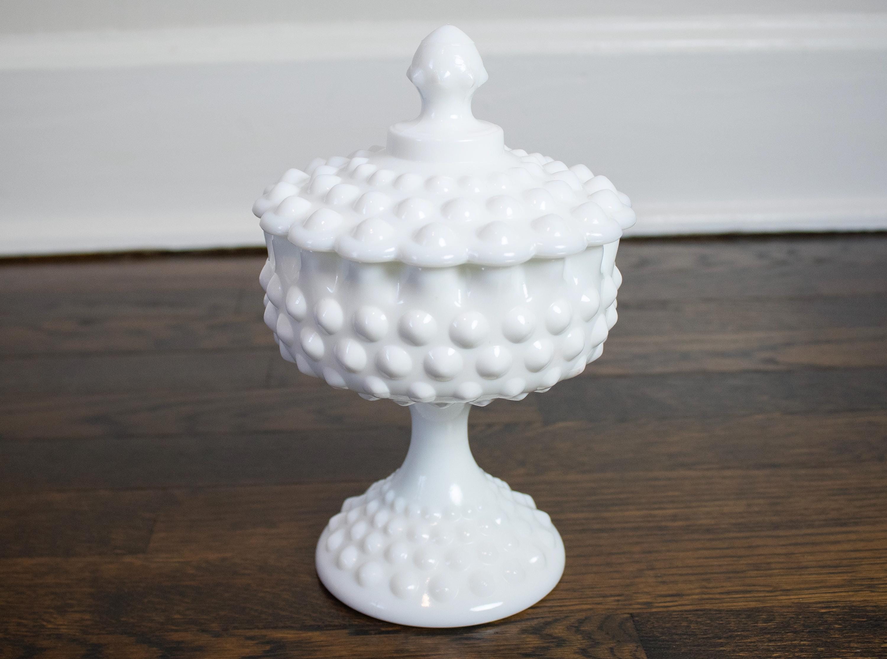 フェントン蓋付きミルクガラス ヴィンテージ フェントン ミルクガラス ホブネイル クリンプエッジ