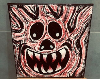 Peinture sur toile originale sur le thème des monstres effrayants - Art de l'horreur - 20 x 20 cm - Peinture acrylique sur toile (unique en son genre)