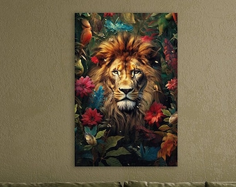 Lion #9 - design of a lion surrounded by flowers and leaves - lion canvas print - poster artwork