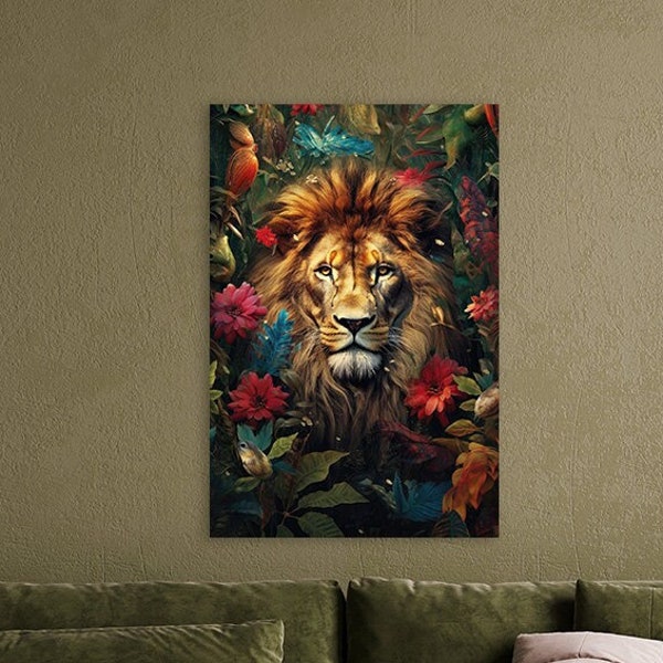 Lion #9 - design of a lion surrounded by flowers and leaves - lion canvas print - poster artwork