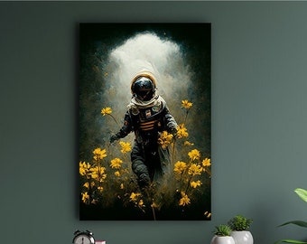 Astronaut walking in field of flowers - Canvas print - Poster artwork - Created by AI