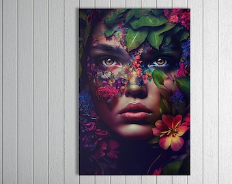 Botanical woman #2 - design of a beautiful woman surrounded by flowers - canvas print - poster artwork