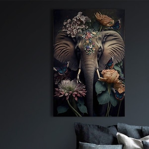 Elefant Nr. 2 – Design eines wunderschönen Elefanten mit vielen Blumen – Leinwanddruck – Poster-Kunstwerk