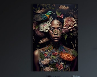 Botanical woman #4 - design of a beautiful woman surrounded by flowers - canvas print - poster artwork