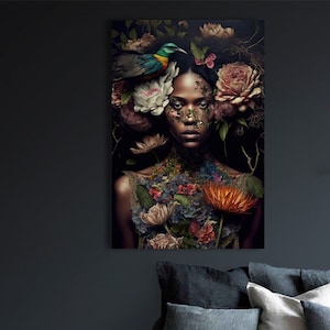 Botanical Woman #4 - Design einer schönen Frau umgeben von Blumen - Kunstdruck als Leinwanddruck
