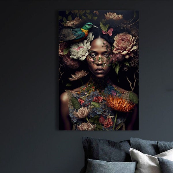 Botanical woman #4 - design of a beautiful woman surrounded by flowers - canvas print - poster artwork