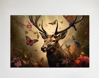 Deer #2 LS - design of a deer surrounded by flowers and leaves - deer canvas print - poster artwork
