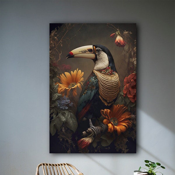 Tukan - Motiv eines Tukans umgeben von Blüten und Blättern - Leopard Leinwanddruck - Kunstposter