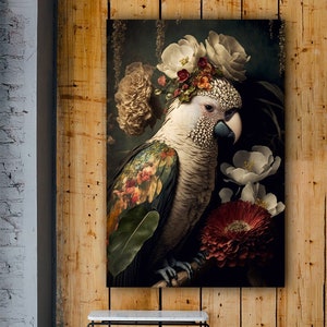 Cacatúa - diseño de un pájaro cacatúa con muchas flores - impresión en lienzo - obra de arte en póster
