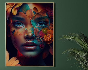 Botanical woman #3 - design of a beautiful woman surrounded by flowers - canvas print - poster artwork