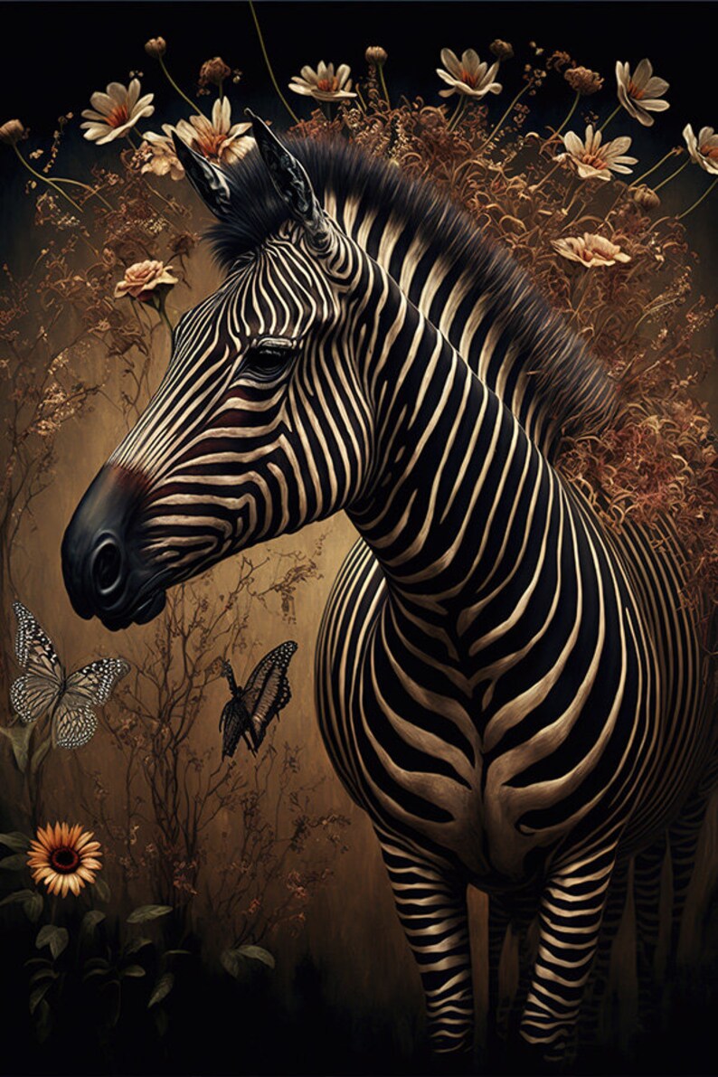 Zebra - Design of a Zebra Surrounded by Flowers and Leaves - Leopard ...