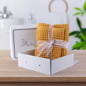 Luxus Mustrad Gelbe Waffel Hand- & Badetuch-Sets für Badezimmer, Premium Organic 100% türkische schnell trocknende Waffeltücher, Geschenkpaket
