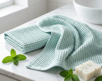 Cotton Waffle Bath Towel Set for Bathroom, Ice Green Natural Cotton Bath & Hand Towels, Giftable