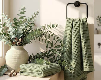Sage Green Waffle Weave Bath Towel Set for Bathroom - Luxury 100% Turkish Cotton 1 Hand and 1 Bath TowelQuick-Dry