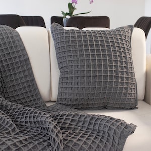 Decorative Dark Gray 100% Turkish Cotton Throw Pillow Covers Pack of 2 18&quot;x18&quot; inch, Premium Waffle Weave Cushion Case Farmhouse Pillowcase