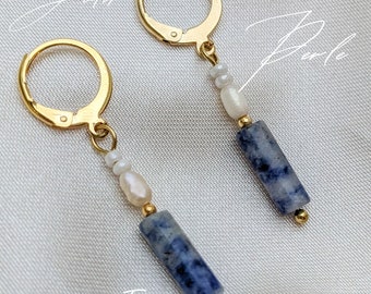 Beautiful blue jasper earrings with delicate freshwater pearls and elegant 18k gold plating - waterproof and durable. High-quality workmanship