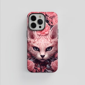 May include: A pink and white cat with intricate patterns on its fur is surrounded by pink roses. The cat's eyes are a deep blue, and its nose is pink. The background is a dark pink, and the image is in a phone case style.