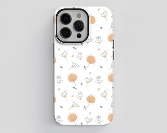 Könnte beinhalten: Eine weiße Handyhülle mit einem Muster aus kleinen orangen Blumen und grauen Stielen. Die Hülle hat einen Ausschnitt für die Kamera und einen schwarzen Rand.