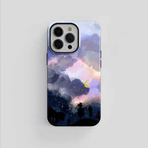 May include: A phone case with a watercolor-style design of a night sky with clouds, stars, and a crescent moon. The case has a black border and a cutout for the phone's camera.