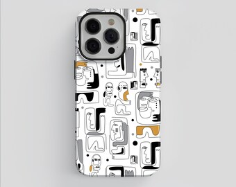 May include: A white phone case with a black and white abstract pattern of faces and geometric shapes. The case has a camera cutout and a gold accent.