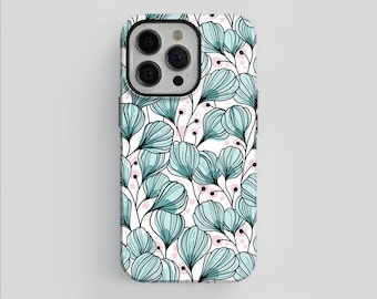May include: A white phone case with a blue and black floral pattern. The case has a cutout for the camera lens.
