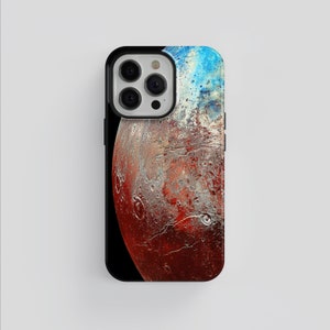 May include: A black phone case featuring a red and blue image of a planet. The planet has a textured surface and a blue and white atmosphere.