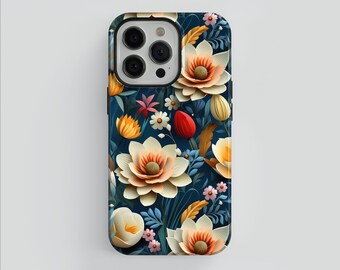Può includere: Una custodia per telefono con un design floreale. La custodia presenta uno sfondo blu scuro con fiori bianchi, gialli, arancioni e rossi. La custodia ha un ritaglio per la fotocamera del telefono.