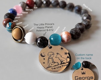 Little Prince Solar Planets Galaxy Bracelet, Custom Name Natural Stone Yoga Space Gift