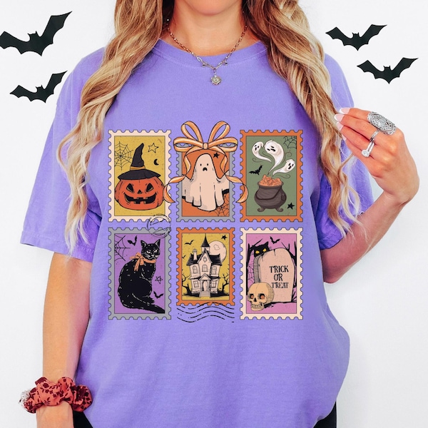 Retro Halloween shirt. Cutesy halloween shirt. Cute ghost shirt. Spooky shirt. Black cat shirt. Witch shirt. Book halloween shirt. Bookish.