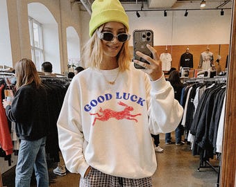 Good luck sweathirt. Lucky Rabbit sweater. Easy Tiger. Cool women's sweatshirt. Aesthetic sweaters. Cool girl sweaters. Retro western style.