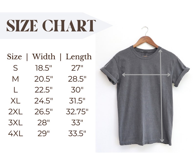 May include: Size chart for a t-shirt with measurements in inches for width and length. Sizes include S, M, L, XL, 2XL, 3XL, and 4XL.
