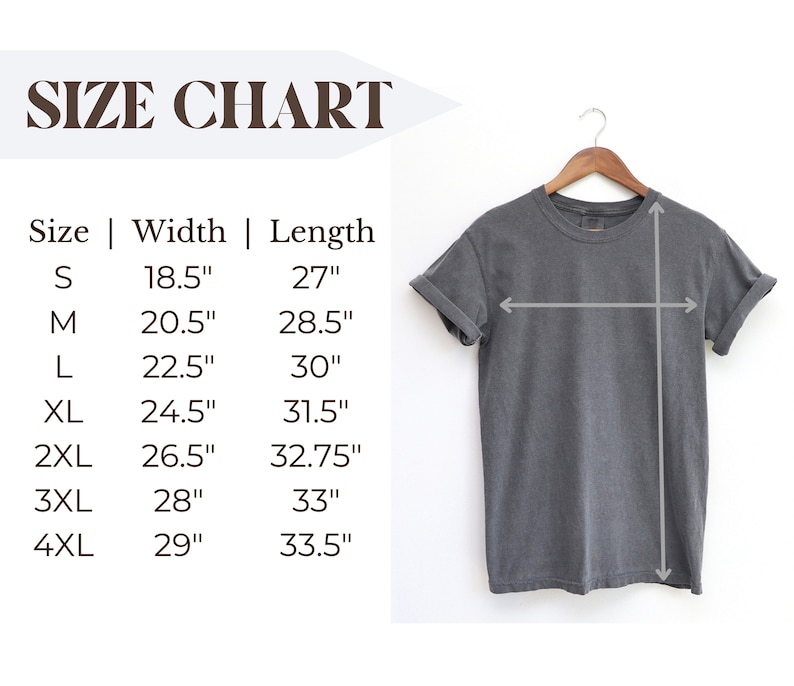 May include: Size chart for a t-shirt with measurements in inches for width and length. Sizes include S, M, L, XL, 2XL, 3XL, and 4XL.