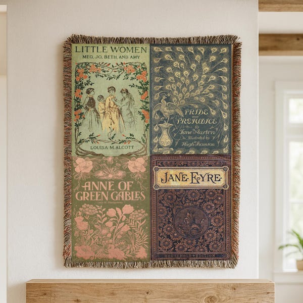 Vintage boekomslagdeken. Pride and Prejudice-deken. Lezer cadeau. Boek kerstcadeau. Literair cadeau. Boekenliefhebber. Boekachtig. Kleine vrouwen