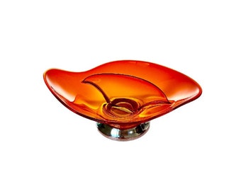 Vintage Vikings Glass MCM Persimmon Orange Divided Glass Trinket Dish with Silver Toned Foot, Mid Century Modern, Circa 1960's