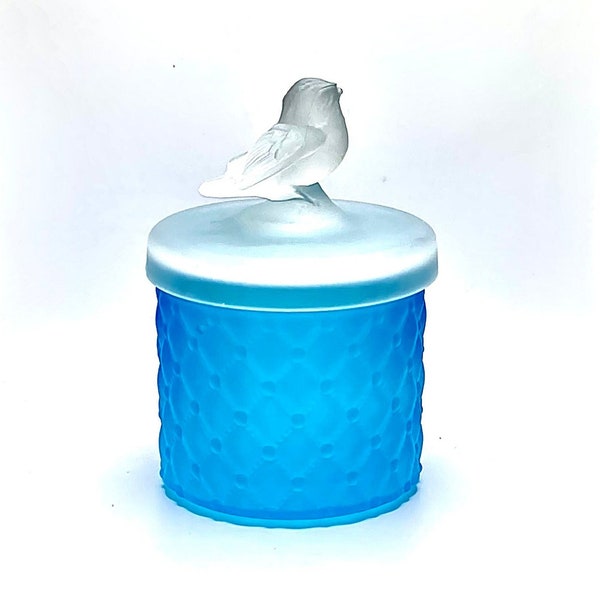 Vintage Dresser Lidded Jar with Bird Finial, Blue Satin Glass , Circa 1960s