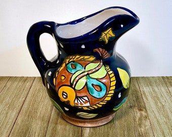 Vintage Talavera Style Mexico Hand Painted Mexican Medium Size Ceramic Pitcher