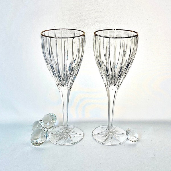 Vintage Mikasa Crystal Golden Tiara, 8 oz Water or Wine Glasses Goblets, Set of 2,  Circa 1990s