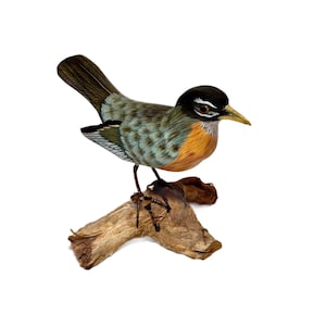 Folk Art American Robin Wooden Figurine, Hand Carved & Hand Painted, Driftwood Base, 4 1/2&quot; Tall, MINT Condition